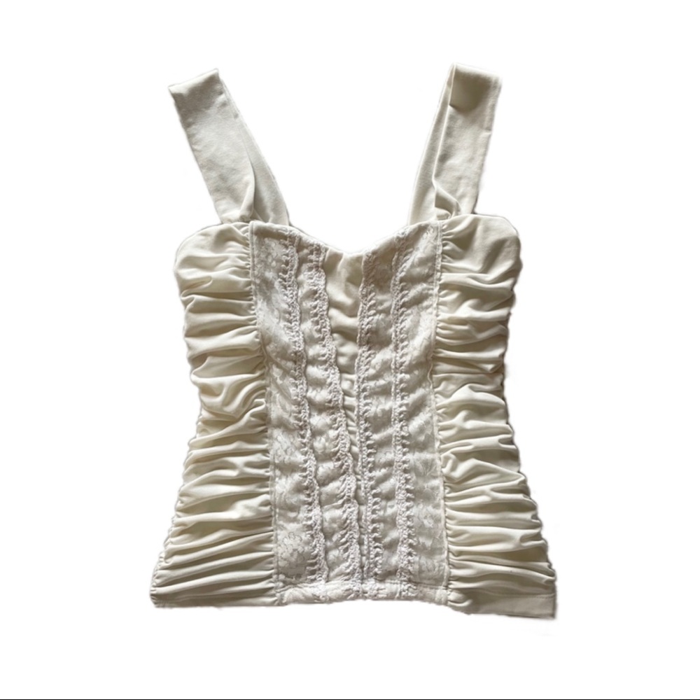 🤍SOLD Angelic white ruched top with lace and crochet detailing
